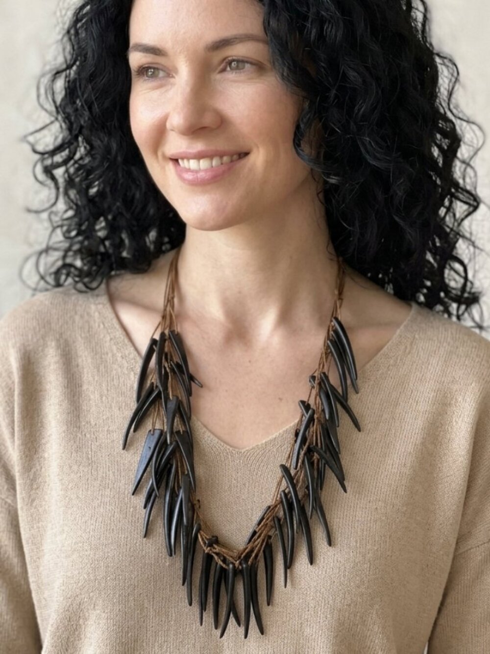 Eclectic Necklace Boho Dark Wood Slivers on Rope African Inspired 24 inches